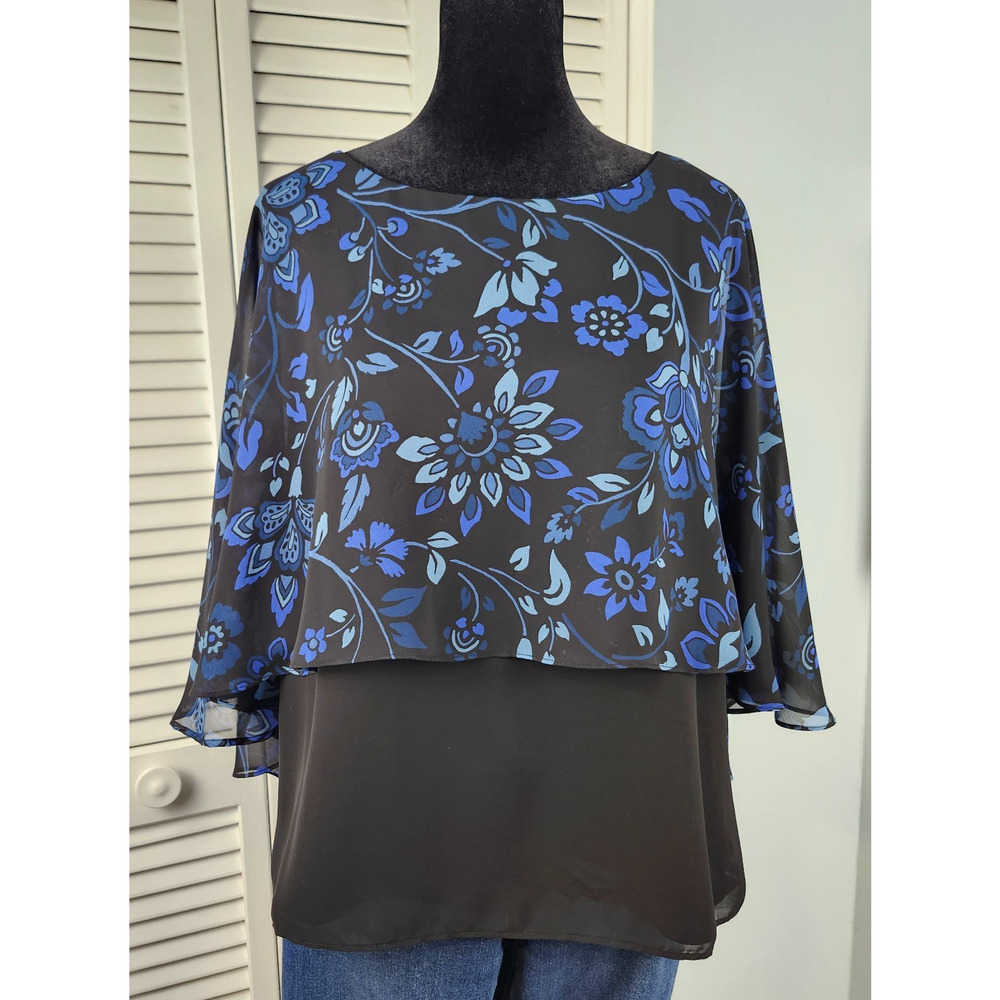 Coldwater Creek Top 12P Black Blue Floral Chiffon Cape Overlay